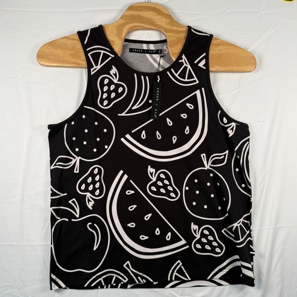 Edgar + Ash Mens L Tank Top Black White Fruit Graphic Print‎ Cotton Summer NWT